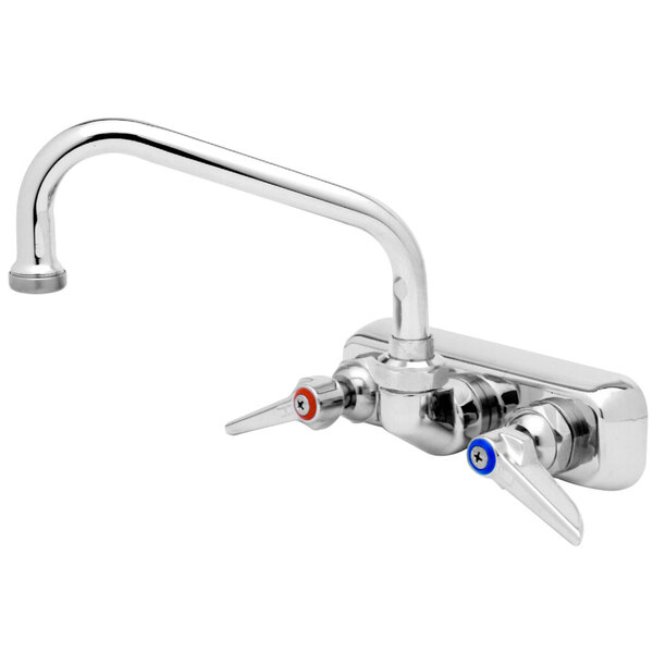 A T&S chrome wall mount faucet with two handles and a 12" swing nozzle.