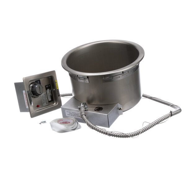 A large stainless steel soup well with a cord attached to it.