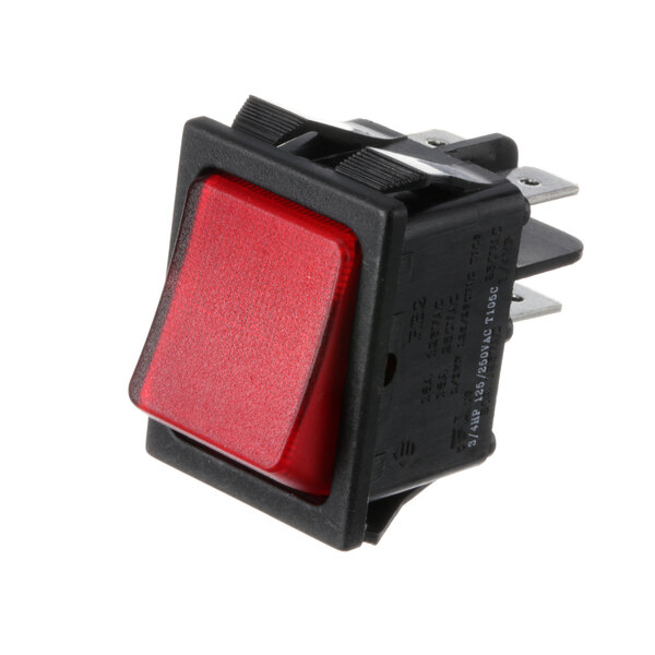 A red Wilder rocker switch with a black plastic cover.