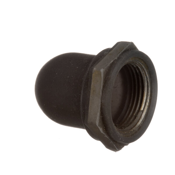 A close-up of a black plastic threaded nut.