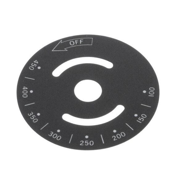 A black circular Vulcan control knob dial with white text and numbers.
