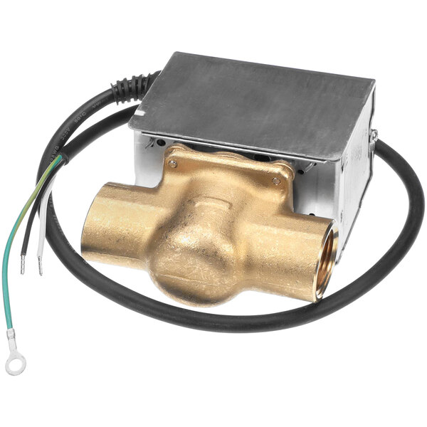 A Crown Steam blowdown solenoid valve with gold and black wires.