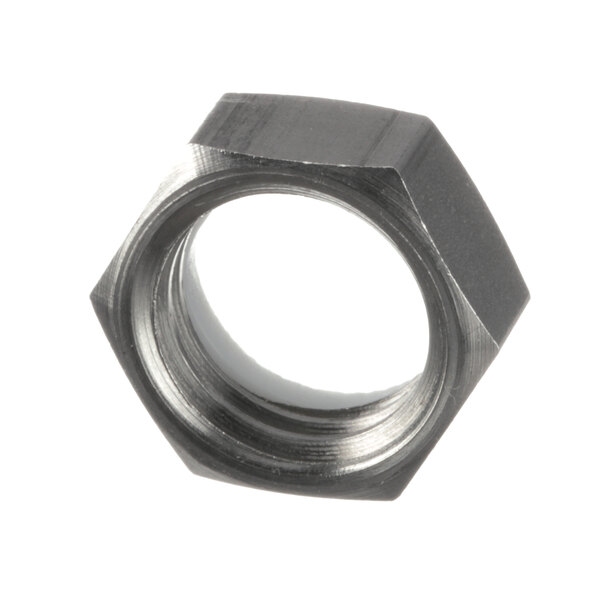 A close-up of a black Rational hex nut.