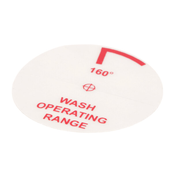A circular white sticker with red text reading "Wash 160F" with a red and white border.