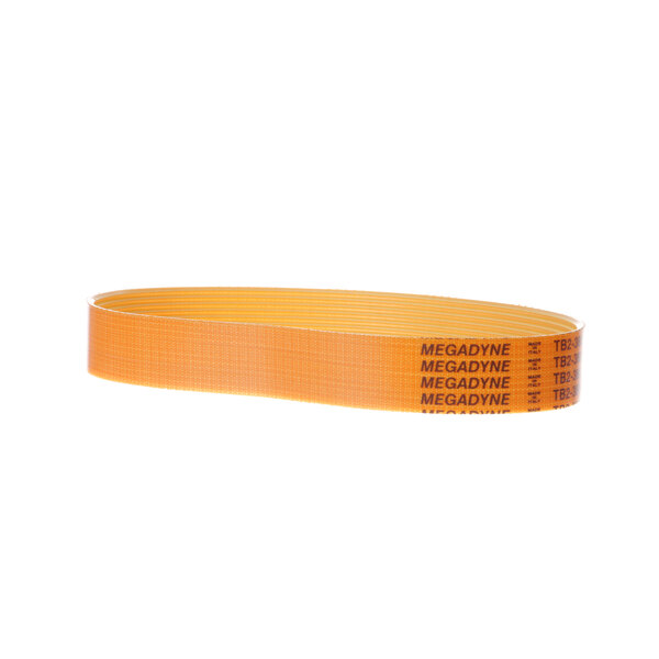 An orange drive belt with black and white stripes.