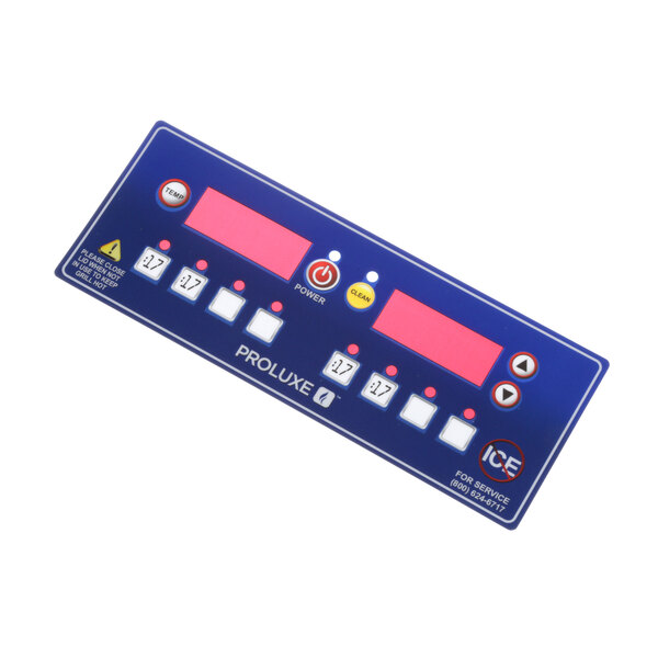 A rectangular blue digital control panel with red and blue numbers.