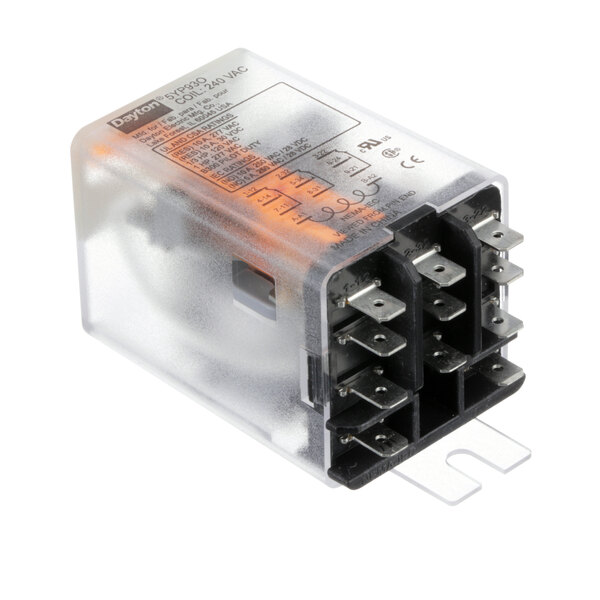 A clear plastic box with a NU-VU DPDT relay inside, with black and silver metal connectors and orange and black wires.