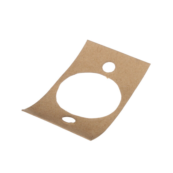 A brown circular paper gasket with holes in it.