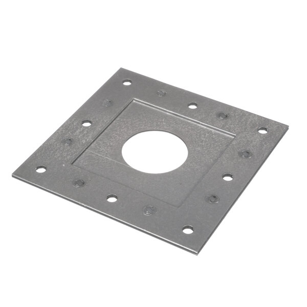 A metal square plate with holes.