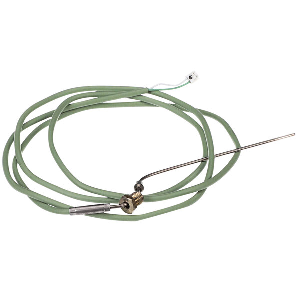 A green cable with a metal rod.