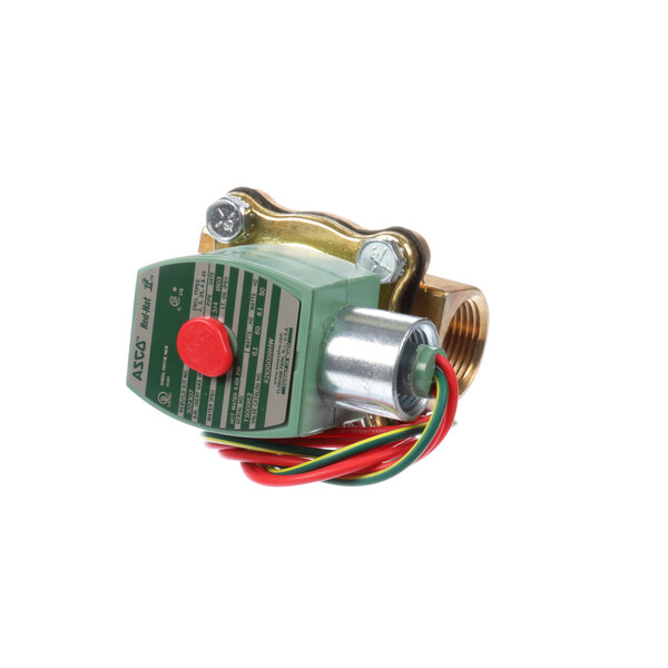 A green Insinger solenoid water valve with red and green wires.