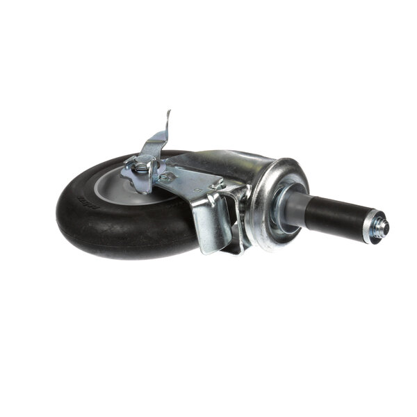 A black and silver stem caster with a metal wheel.
