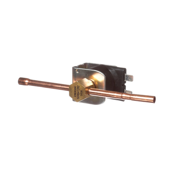 A close-up of a Perlick solenoid valve with a copper tube and brass knob.