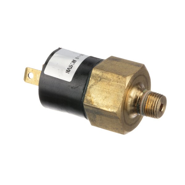 A close-up of a brass Stoelting by Vollrath pressure switch with a black connector.