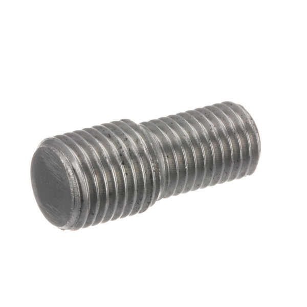 A close-up of a threaded screw on a white background.