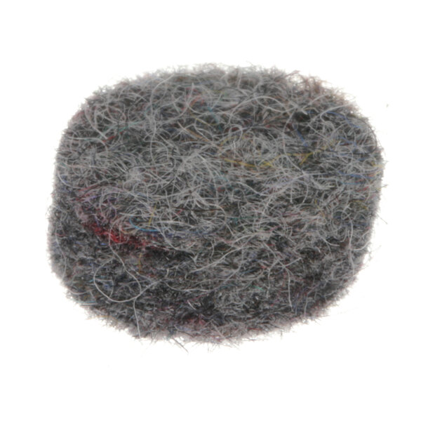 A grey wooly felt object with threads.