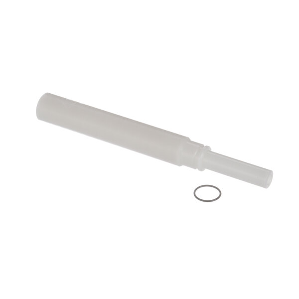 A white plastic tube with a round metal ring.