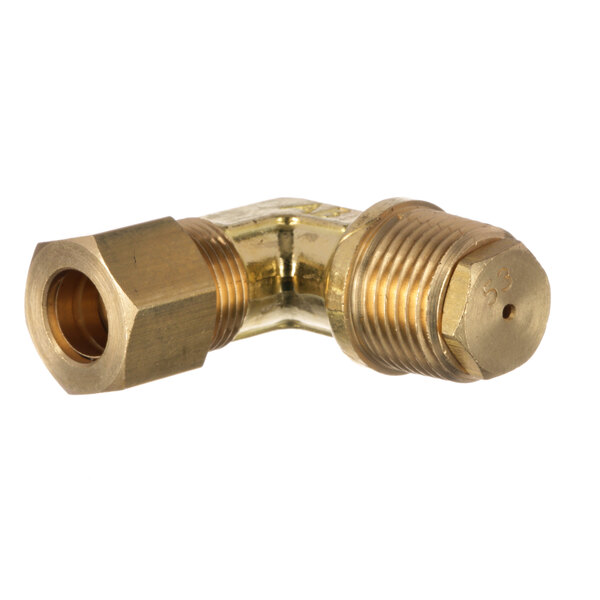 A brass threaded pipe with a nut.