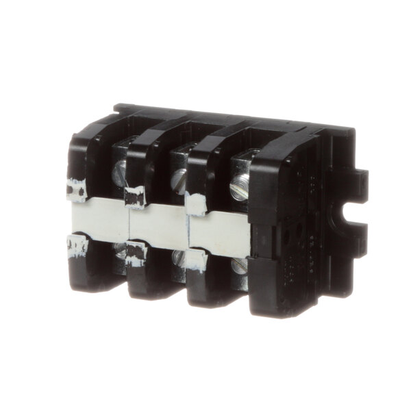 A close-up of a black Insinger terminal block with metal screws and two wires.