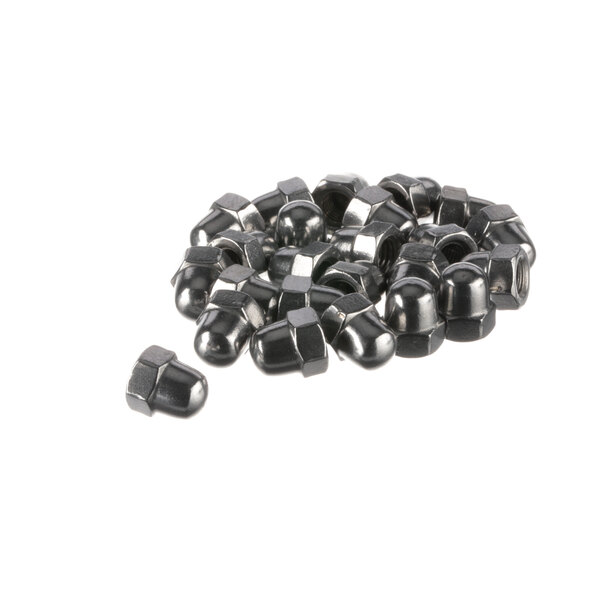 A pile of black Rational Cap Nuts on a white background.
