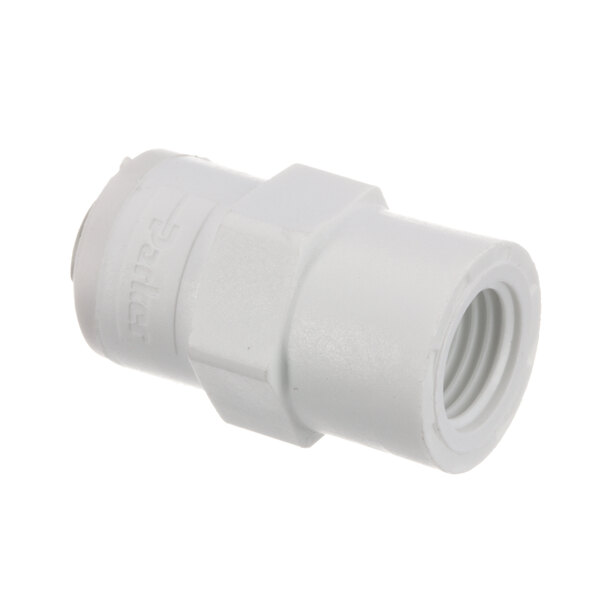 A close-up of a white plastic threaded Scotsman female connector.