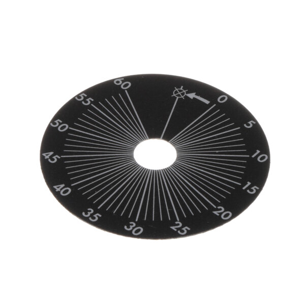 A circular black Lexan timer with white numbers and lines.
