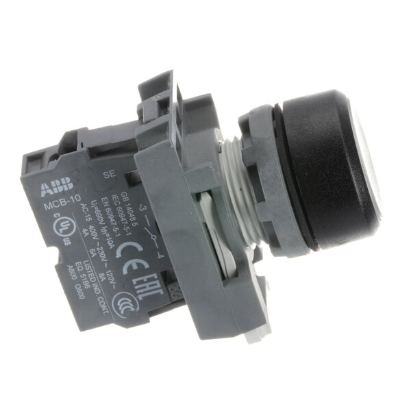 A grey and black InSinkErator round push button switch.