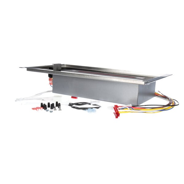 A stainless steel Henny Penny C8000 countertop with wires and a hose.