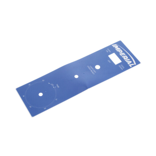 A blue rectangular plastic decal with white text.