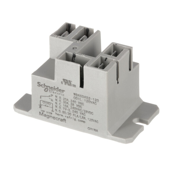 A grey Bunn relay with two terminals and text.