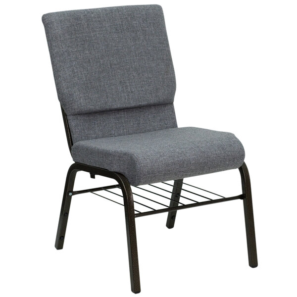 Flash Furniture XU-CH-60096-BEIJING-GY-BAS-GG Gray 18 1/2" Wide Church Chair with Communion Cup Book Rack - Gold Vein Frame