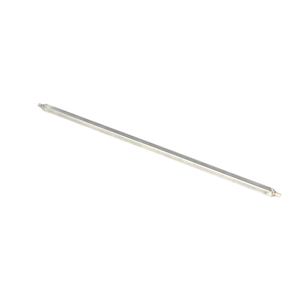 A long thin silver metal rod with holes.