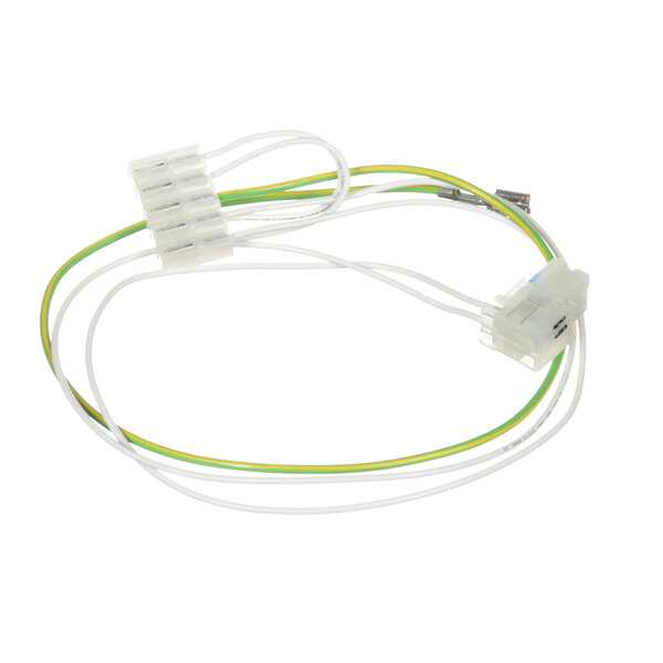 A white and green wire harness with a green connector attached to a wire with a white background.