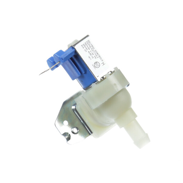 A close-up of a white and blue Bunn solenoid valve.