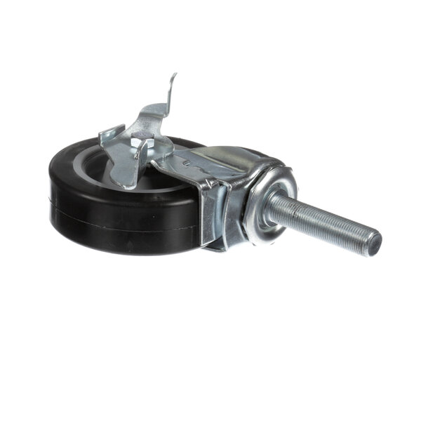 A black and silver Henny Penny front caster wheel with a metal screw.