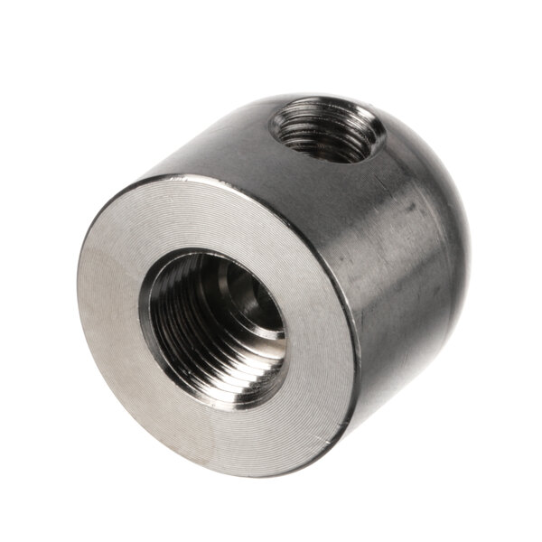 A close-up of a round metal Eloma nozzle with a threaded hole.