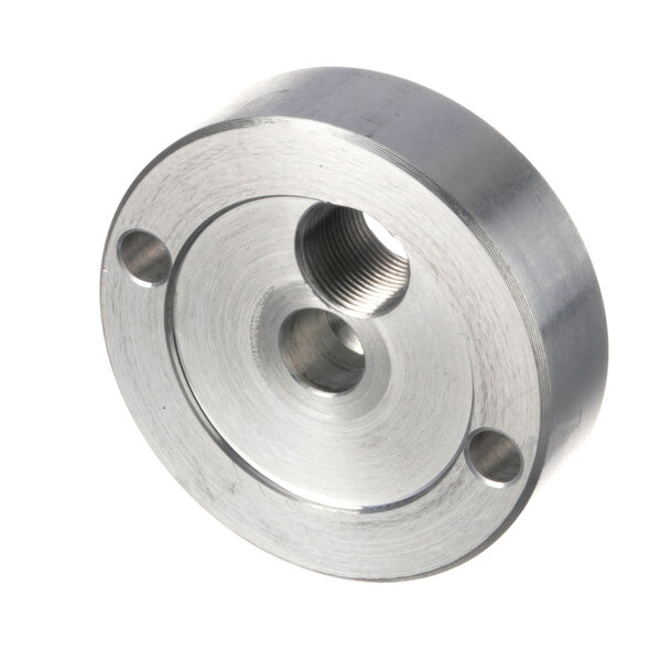 A stainless steel Univex switch plate threaded nut with holes.