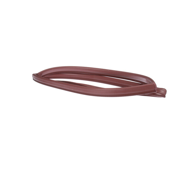 A brown rubber tube with a long handle and a brown rubber band on a white background.