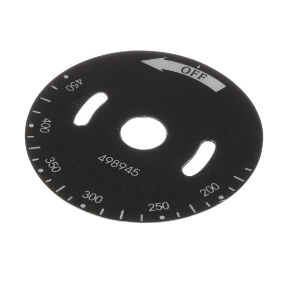A black circular dial plate with white text.