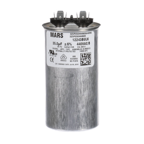 A round silver Hoshizaki capacitor with a white label and the word "mars" on it.