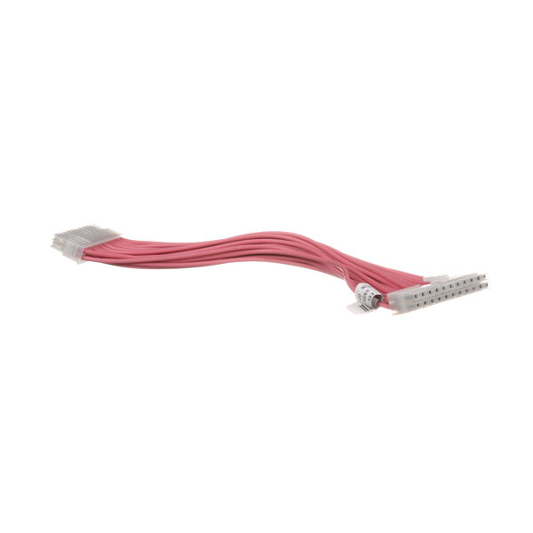 A close-up of a pink cable with a red connector.