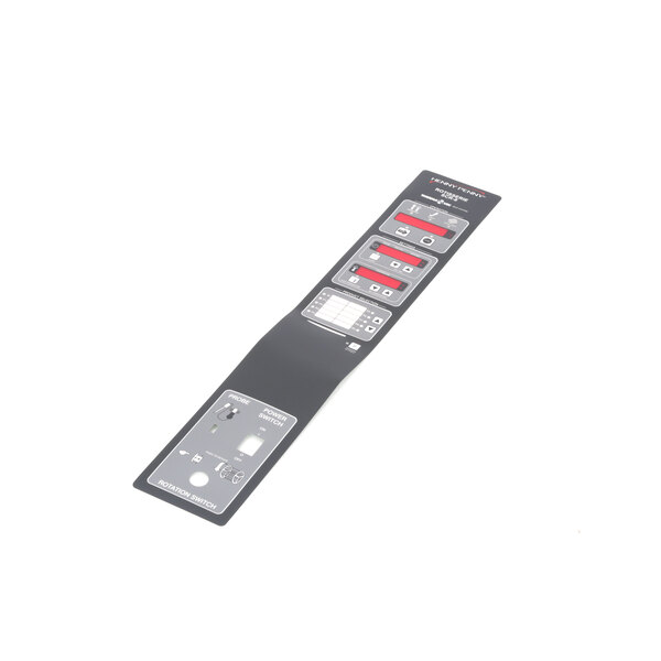 A rectangular black decal with white and red buttons.
