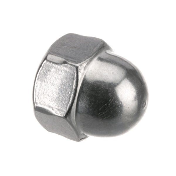 A close-up of a round silver Vulcan cap nut with a black cap.