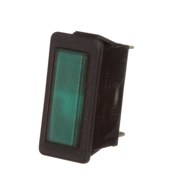 A green light switch on a black device with white text.