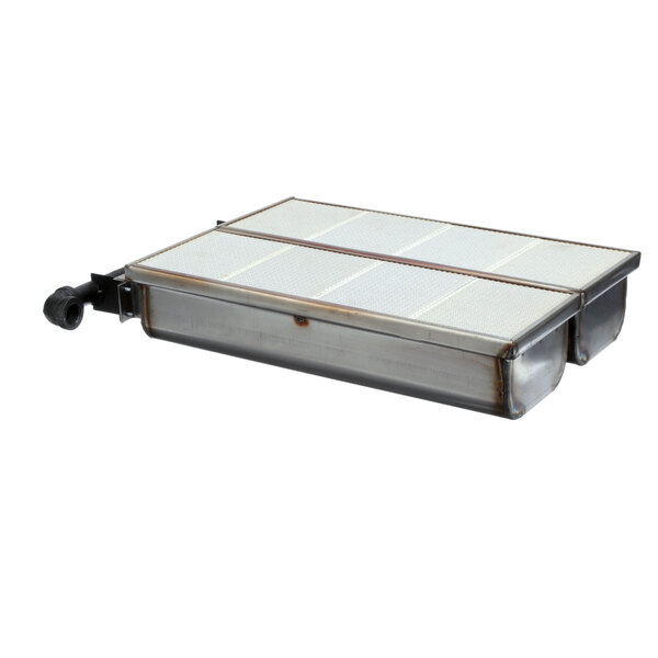 A metal box with a black handle and a stainless steel lid.