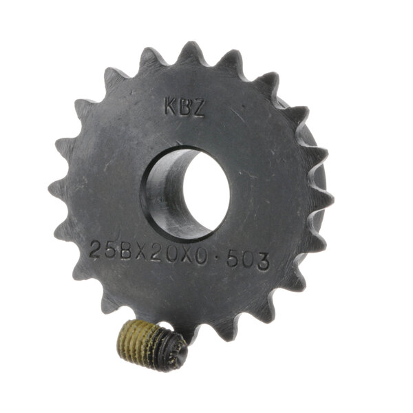 A close-up of a black Antunes drive sprocket with an arrow on it.