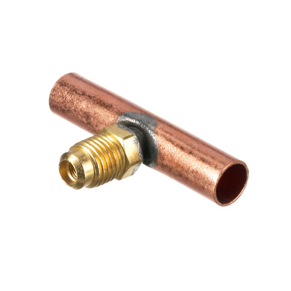 A copper pipe with a brass nut.