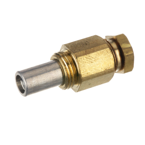 A close-up of a brass Henny Penny inlet-fitting pilot orifice connector with a brass nut.