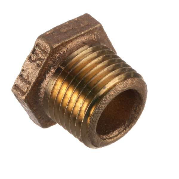 A close-up of a brass threaded pipe fitting for an Insinger reducer.