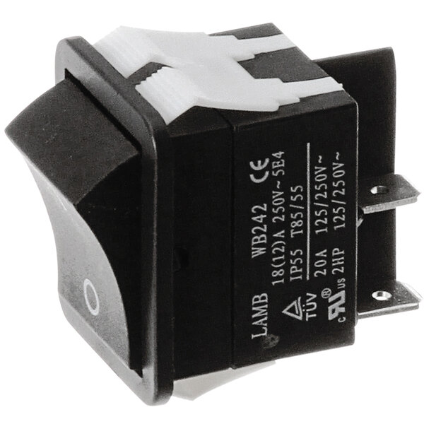 A close-up of a black and white Silver King power switch.